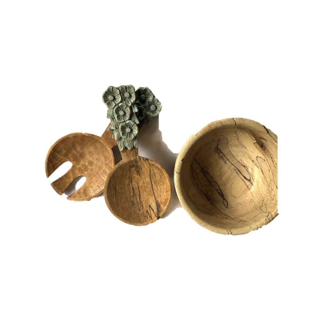 Handcrafted Wooden Salad Bowl Set with Floral Handles - Picture 10 of 11